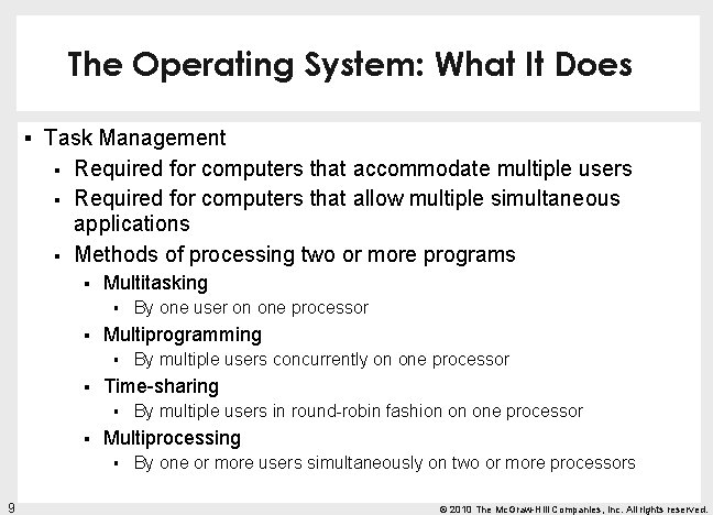 The Operating System: What It Does § Task Management § § § Required for