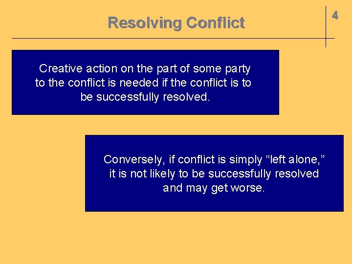 Resolving Conflict Creative action on the part of some party to the conflict is