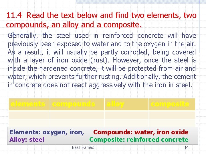 11. 4 Read the text below and find two elements, two compounds, an alloy