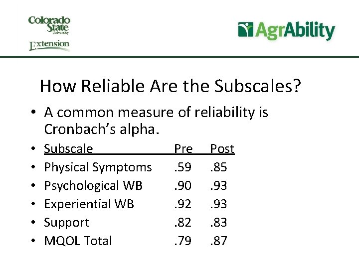 How Reliable Are the Subscales? • A common measure of reliability is Cronbach’s alpha.