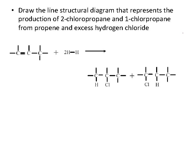 • Draw the line structural diagram that represents the production of 2 -chloropropane • Draw the line structural diagram that represents the production of 2 -chloropropane