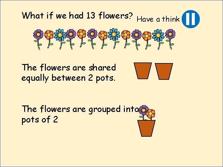 What if we had 13 flowers? Have a think The flowers are shared equally