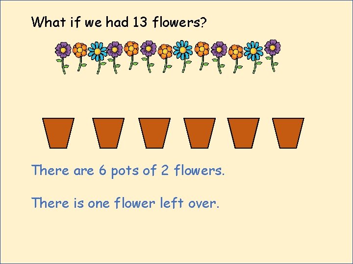What if we had 13 flowers? There are 6 pots of 2 flowers. There
