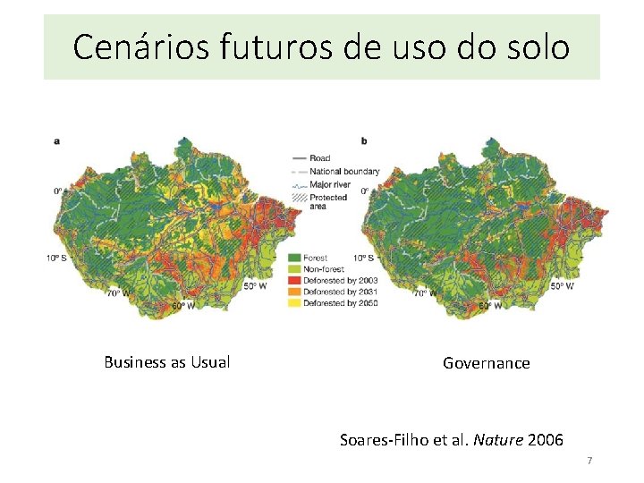 Cenários futuros de uso do solo Business as Usual Governance Soares-Filho et al. Nature
