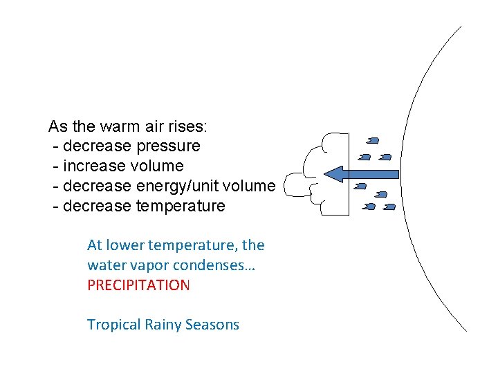 As the warm air rises: - decrease pressure - increase volume - decrease energy/unit