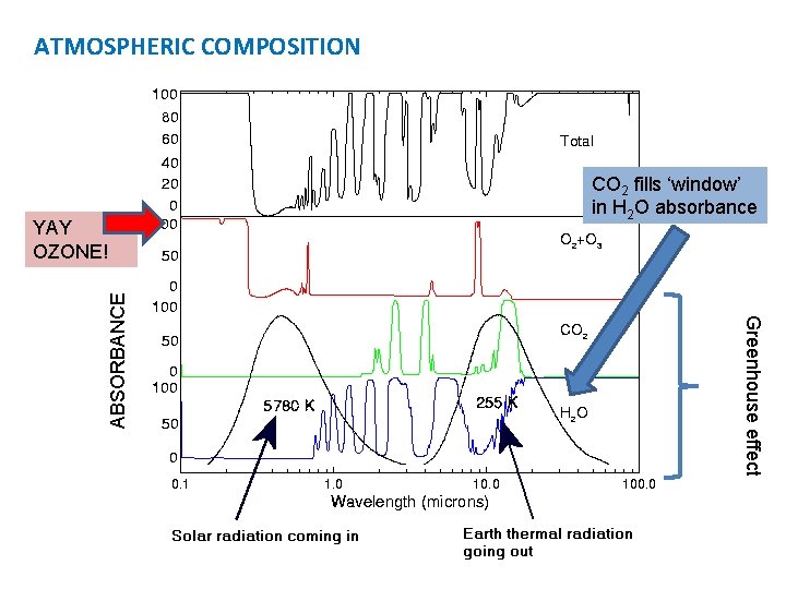 ATMOSPHERIC COMPOSITION Greenhouse effect ABSORBANCE YAY OZONE! CO 2 fills ‘window’ in H 2