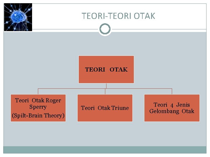 TEORI-TEORI OTAK Teori Otak Roger Sperry (Spilt-Brain Theory) Teori Otak Triune Teori 4 Jenis