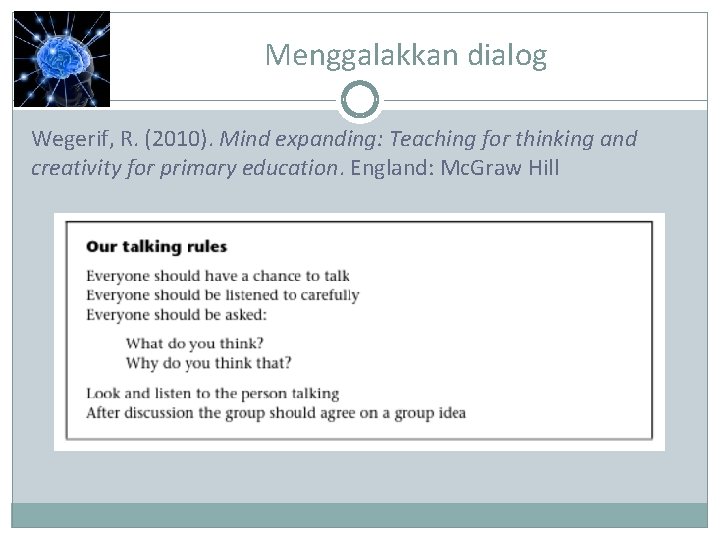 Menggalakkan dialog Wegerif, R. (2010). Mind expanding: Teaching for thinking and creativity for primary