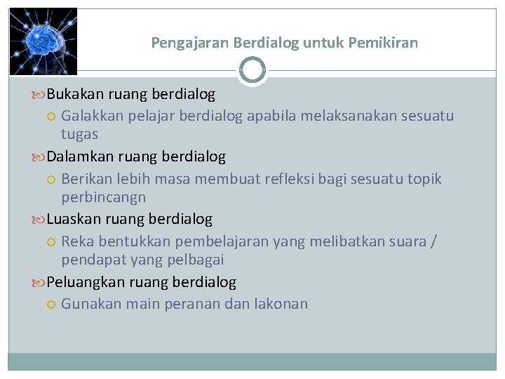 Pengajaran Berdialog untuk Pemikiran Bukakan ruang berdialog Galakkan pelajar berdialog apabila melaksanakan sesuatu tugas