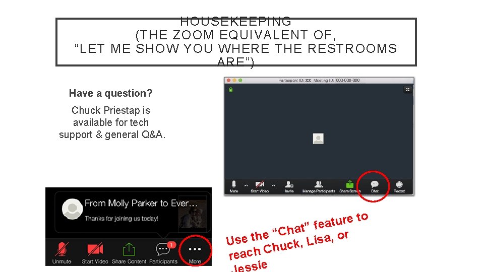 HOUSEKEEPING (THE ZOOM EQUIVALENT OF, “LET ME SHOW YOU WHERE THE RESTROOMS ARE”) Have
