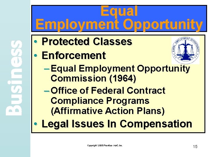 Business Equal Employment Opportunity • • Protected Classes Enforcement – Equal Employment Opportunity Commission
