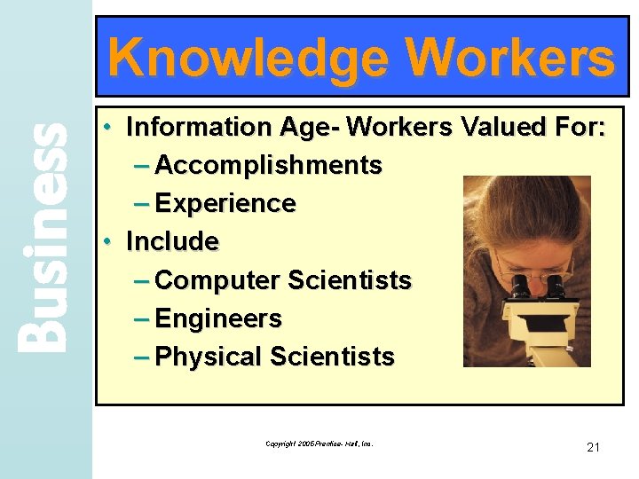 Business Knowledge Workers • Information Age- Workers Valued For: – Accomplishments – Experience •
