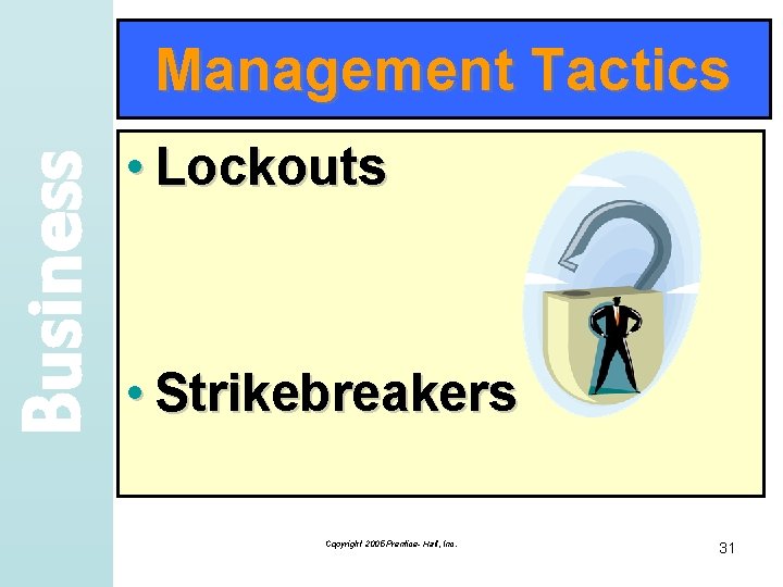 Business Management Tactics • Lockouts • Strikebreakers Copyright 2005 Prentice- Hall, Inc. 31 