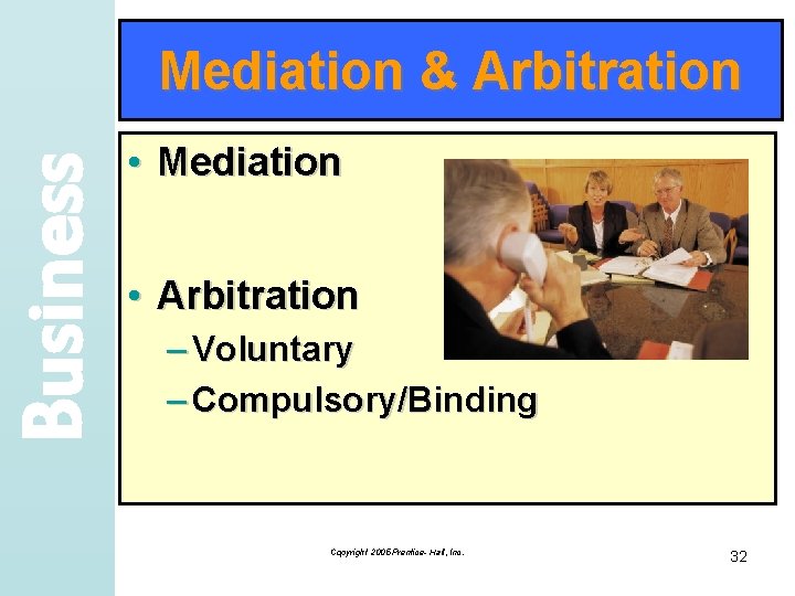 Business Mediation & Arbitration • Mediation • Arbitration – Voluntary – Compulsory/Binding Copyright 2005