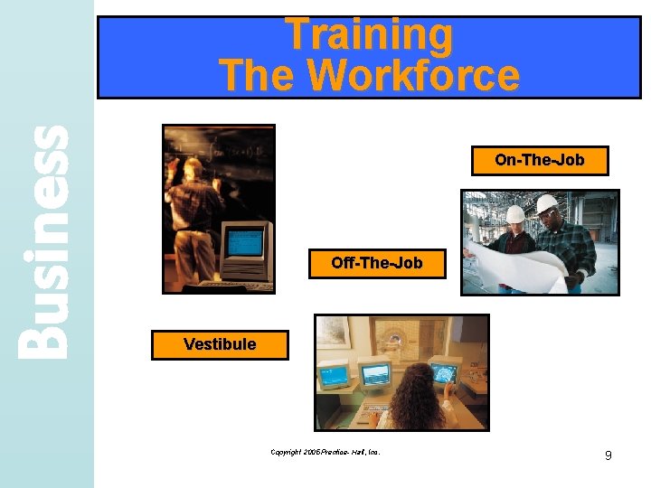 Business Training The Workforce On-The-Job Off-The-Job Vestibule Copyright 2005 Prentice- Hall, Inc. 9 
