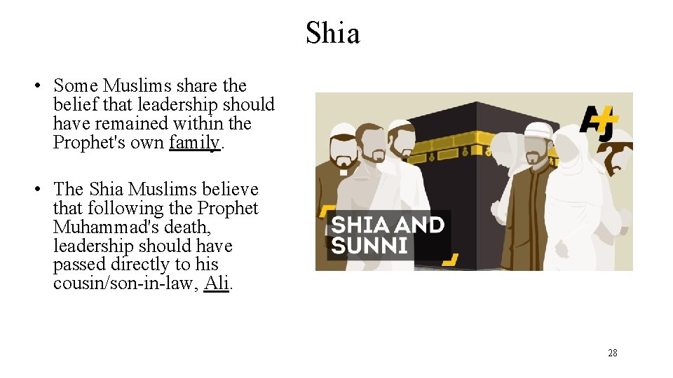 Shia • Some Muslims share the belief that leadership should have remained within the