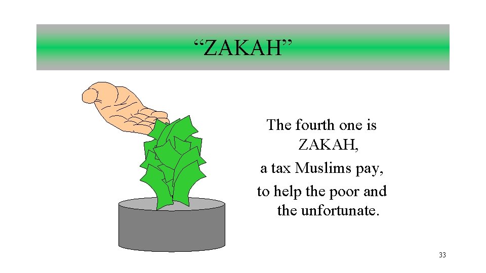 “ZAKAH” The fourth one is ZAKAH, a tax Muslims pay, to help the poor