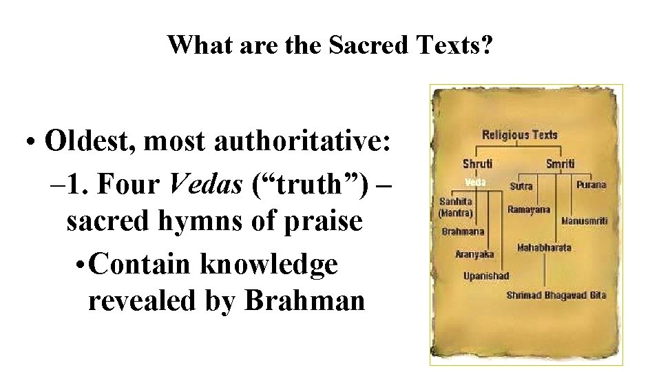 What are the Sacred Texts? • Oldest, most authoritative: – 1. Four Vedas (“truth”)