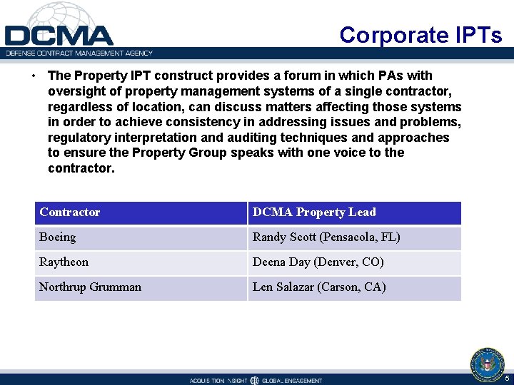 Corporate IPTs • The Property IPT construct provides a forum in which PAs with