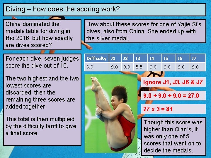 Numbers in sport Diving how does the scoring