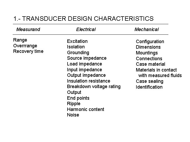 1. - TRANSDUCER DESIGN CHARACTERISTICS Measurand Range Overrrange Recovery time Electrical Excitation Isolation Grounding