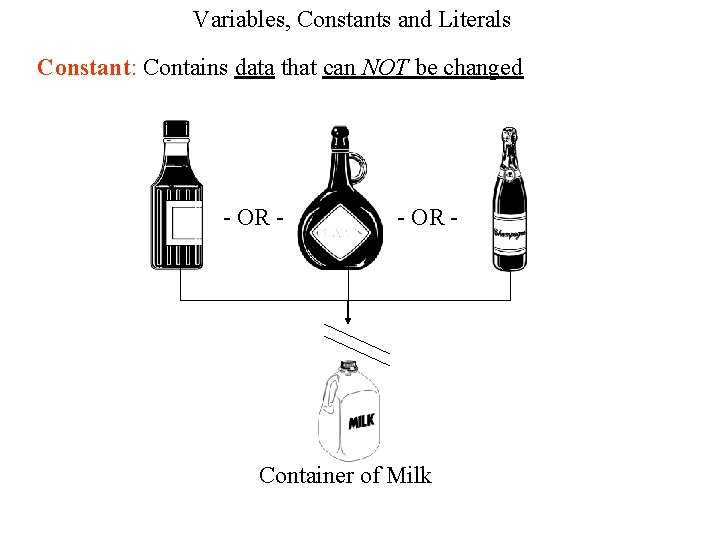 Variables, Constants and Literals Constant: Contains data that can NOT be changed - OR Variables, Constants and Literals Constant: Contains data that can NOT be changed - OR