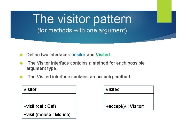 The visitor pattern (for methods with one argument) Define two interfaces: Visitor and Visited.