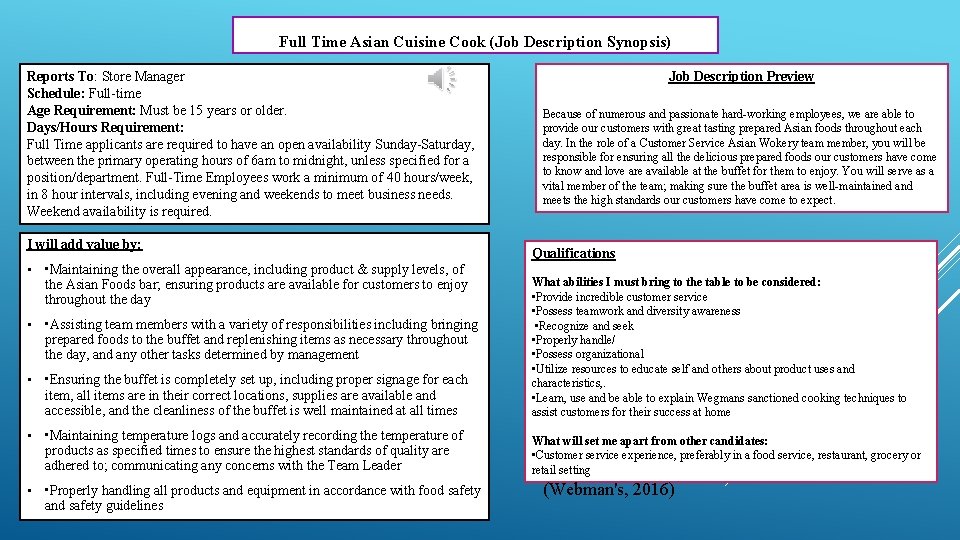 Full Time Asian Cuisine Cook (Job Description Synopsis) Reports To: Store Manager Schedule: Full-time