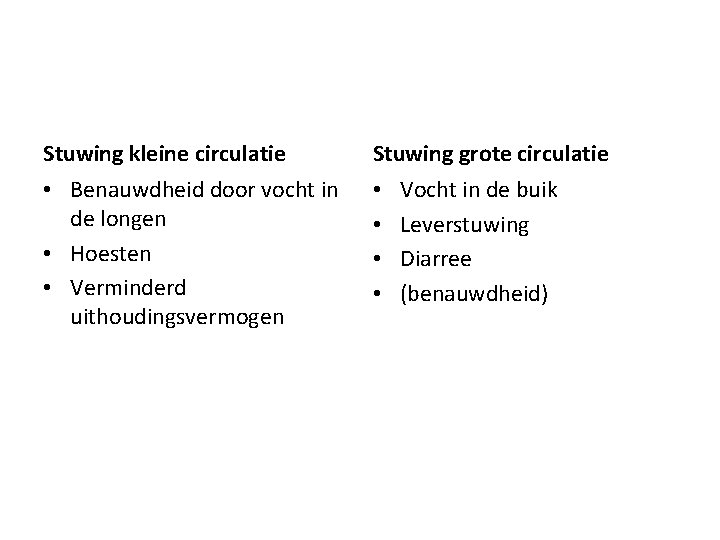 Stuwing kleine circulatie Stuwing grote circulatie • Benauwdheid door vocht in de longen •