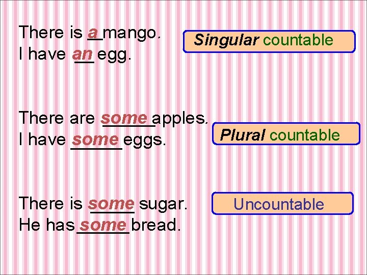 There is a mango. I have an egg. Singular countable There are some apples.