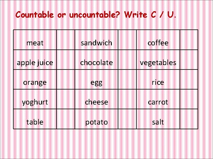 Countable or uncountable? Write C / U. meat sandwich coffee apple juice chocolate vegetables