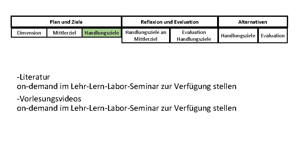 Plan und Ziele Dimension Mittlerziel Reflexion und Evaluation Handlungsziele an Mittlerziel Evaluation Handlungsziele Alternativen