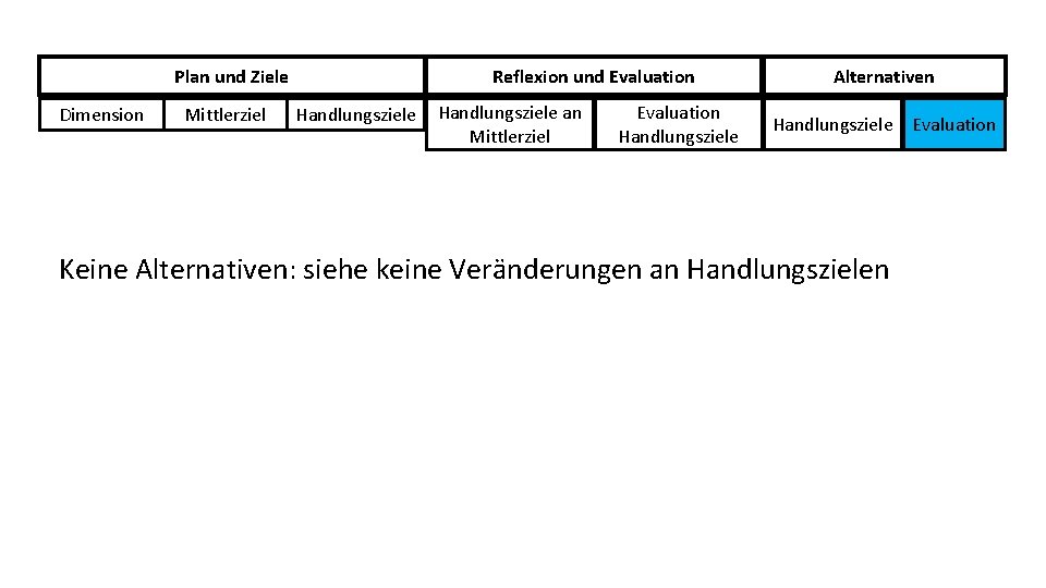 Plan und Ziele Dimension Mittlerziel Reflexion und Evaluation Handlungsziele an Mittlerziel Evaluation Handlungsziele Alternativen