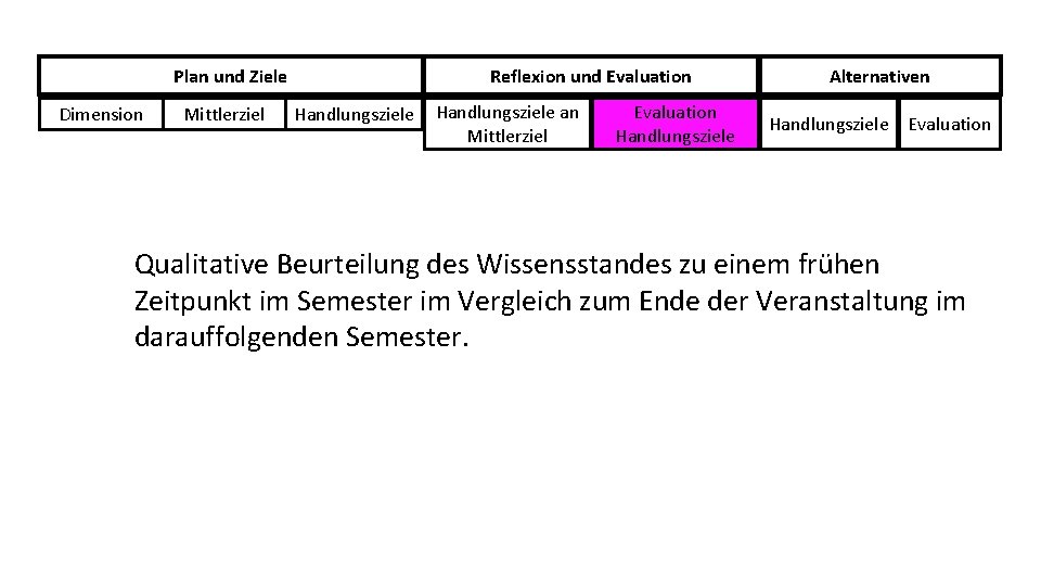 Plan und Ziele Dimension Mittlerziel Reflexion und Evaluation Handlungsziele an Mittlerziel Evaluation Handlungsziele Alternativen