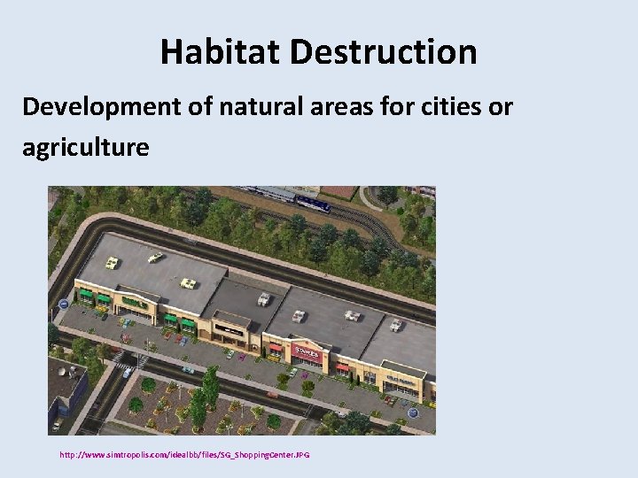Habitat Destruction Development of natural areas for cities or agriculture http: //www. simtropolis. com/idealbb/files/SG_Shopping.