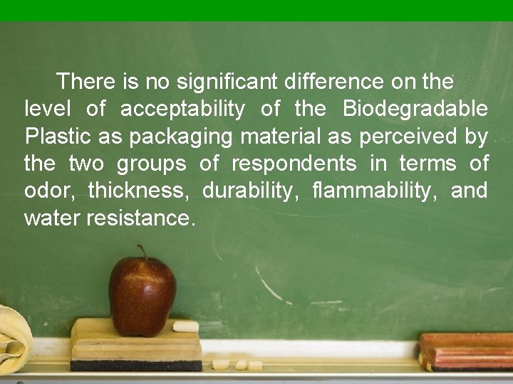 There is no significant difference on the level of acceptability of the Biodegradable Plastic