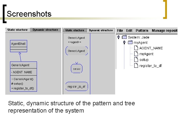 Screenshots Static, dynamic structure of the pattern and tree representation of the system 