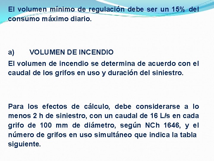 El volumen mínimo de regulación debe ser un 15% del consumo máximo diario. a)