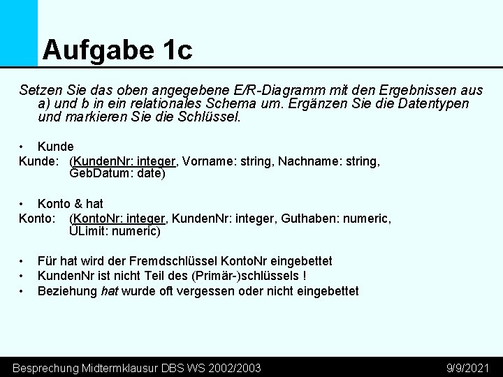 Aufgabe 1 c Setzen Sie das oben angegebene E/R-Diagramm mit den Ergebnissen aus a)