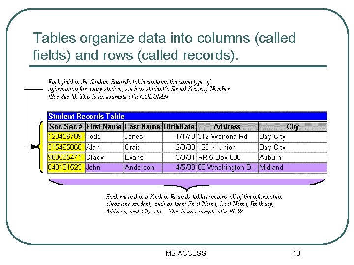 Tables organize data into columns (called fields) and rows (called records). MS ACCESS 10 Tables organize data into columns (called fields) and rows (called records). MS ACCESS 10