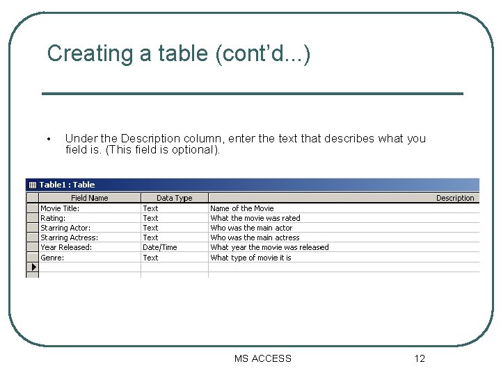 Creating a table (cont’d. . . ) • Under the Description column, enter the Creating a table (cont’d. . . ) • Under the Description column, enter the