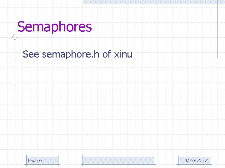 Semaphores See semaphore. h of xinu Page 6 1/26/2022 