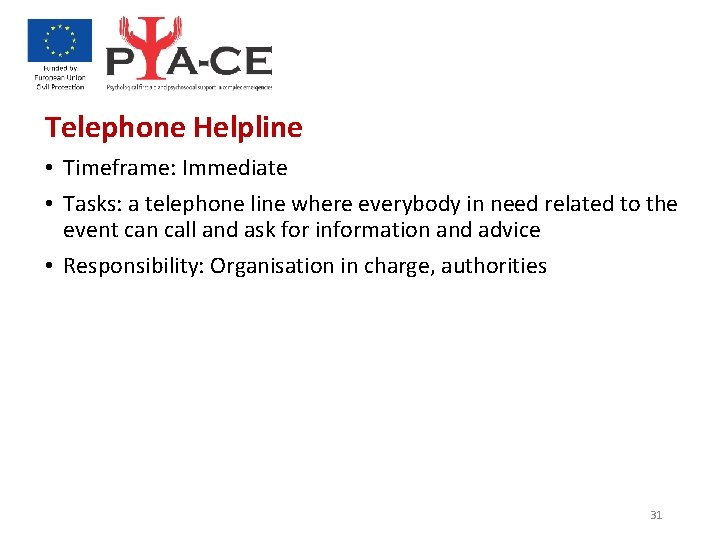 Telephone Helpline • Timeframe: Immediate • Tasks: a telephone line where everybody in need