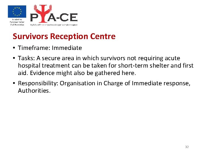 Survivors Reception Centre • Timeframe: Immediate • Tasks: A secure area in which survivors