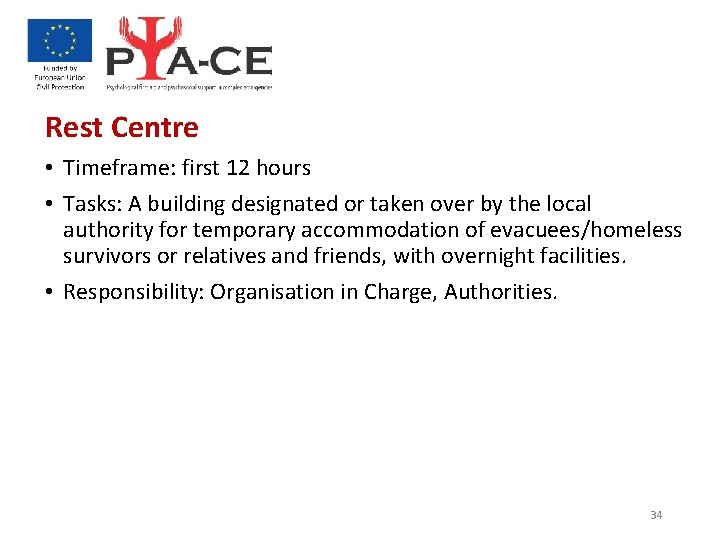 Rest Centre • Timeframe: first 12 hours • Tasks: A building designated or taken