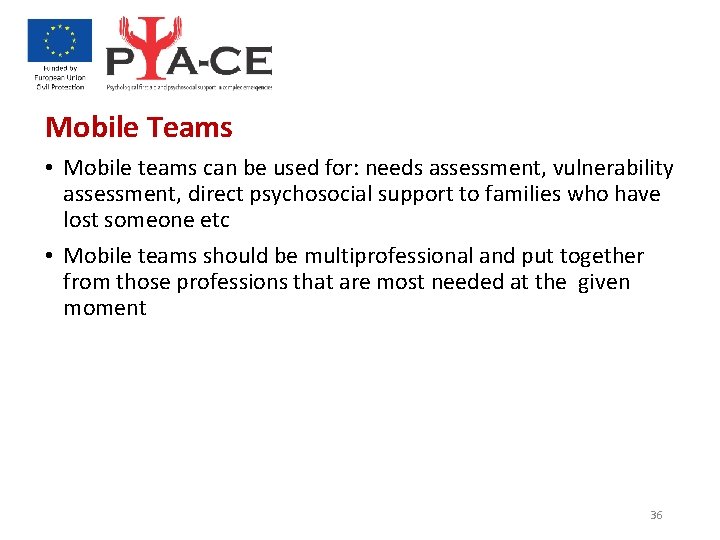 Mobile Teams • Mobile teams can be used for: needs assessment, vulnerability assessment, direct