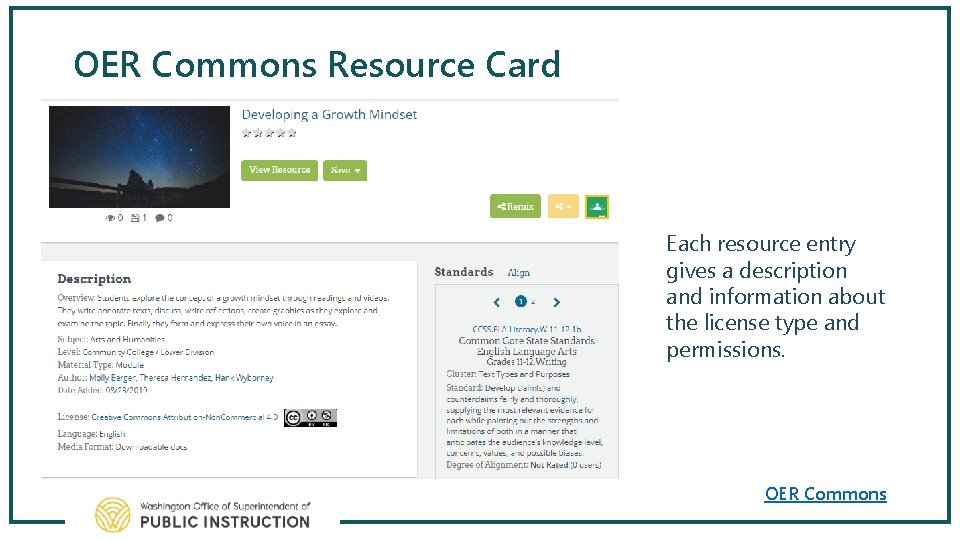 OER Commons Resource Card Each resource entry gives a description and information about the
