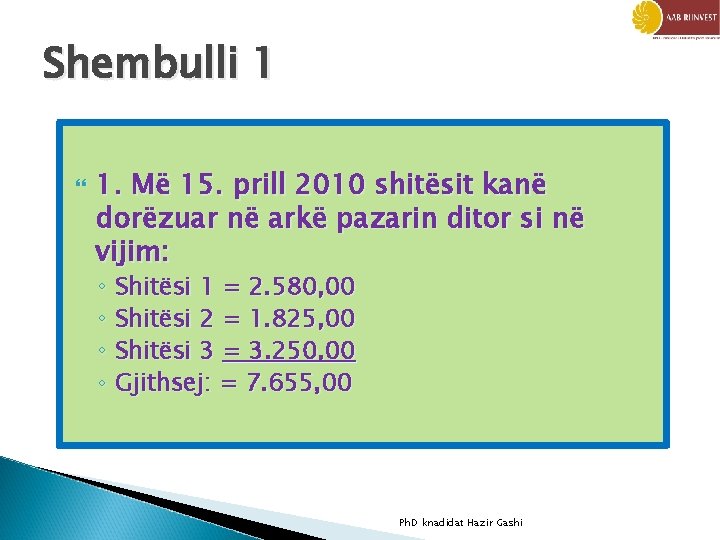 Shembulli 1 1. Më 15. prill 2010 shitësit kanë dorëzuar në arkë pazarin ditor