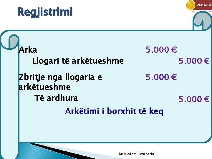 Regjistrimi Arka Llogari të arkëtueshme 5. 000 € Zbritje nga llogaria e arkëtueshme Të