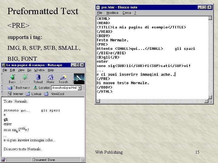 Preformatted Text <PRE> supporta i tag: IMG, B, SUP, SUB, SMALL, BIG, FONT Web